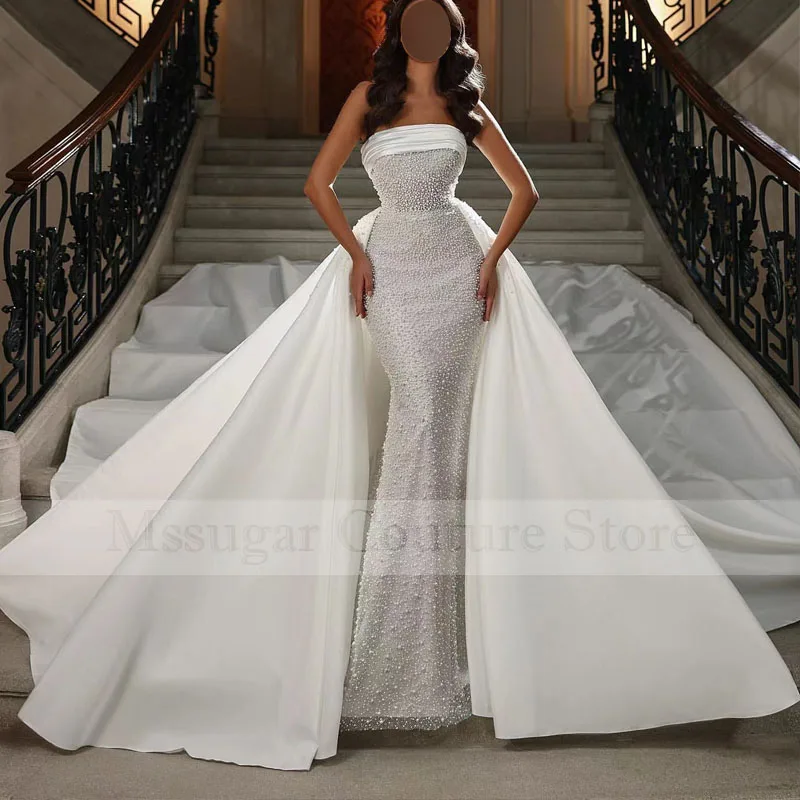 2022 Shiny Wedding Dresses Detachable Train Pearls Bead Bridal Gowns Custom Made Plus Size Vestido De Noiva