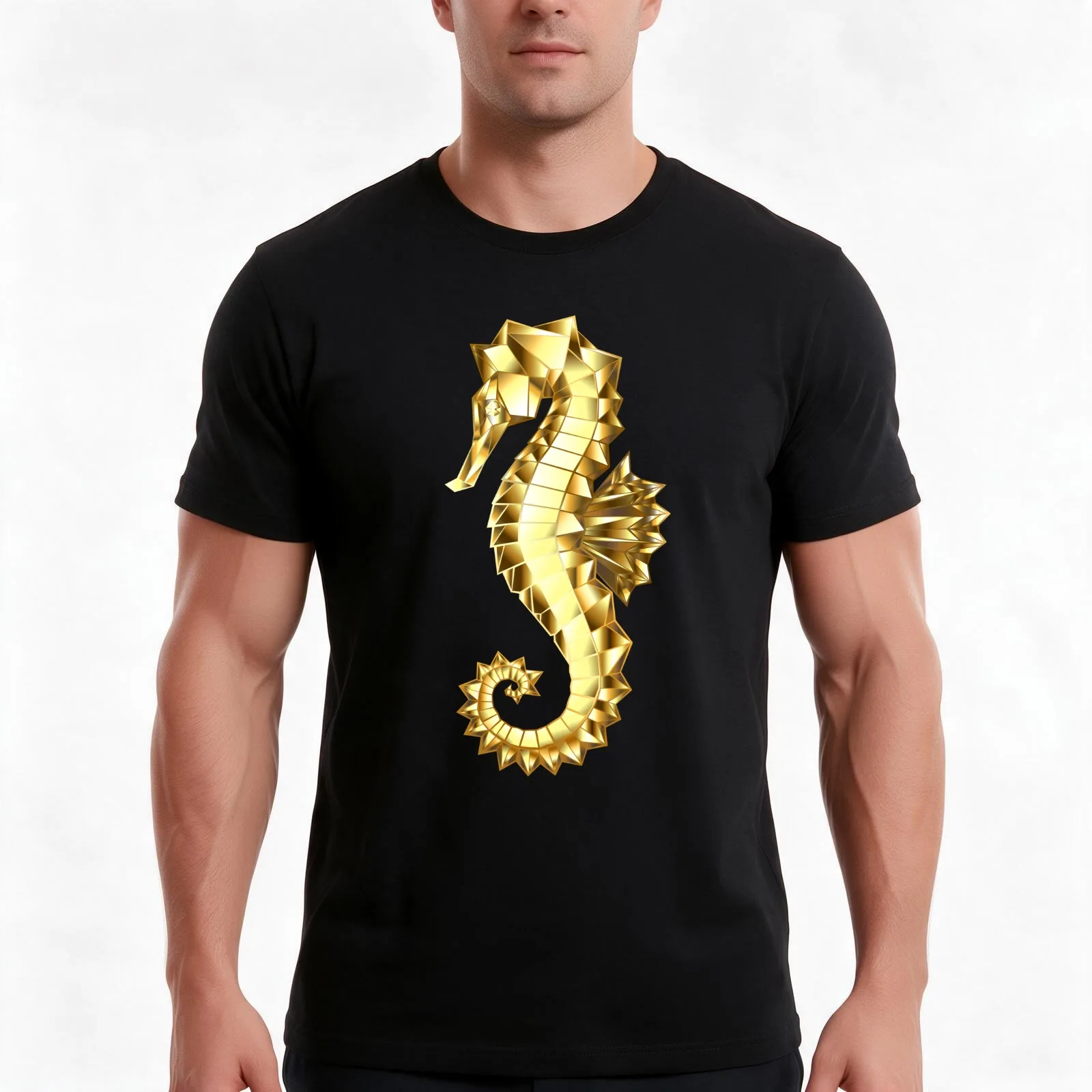 Gold Polygonal Seahorse T-Shirt Summer Casual Cotton Tee Oversized Streetwear Tops Vintage Graphic Print Unisex Men Women