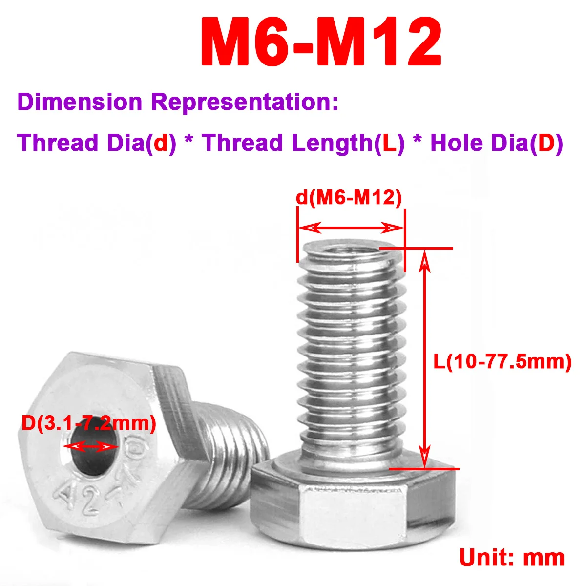 304 Stainless Steel Hollow Outer Hexagonal Bolt Lamp Threading Through Hole Screw M6M8M10M12