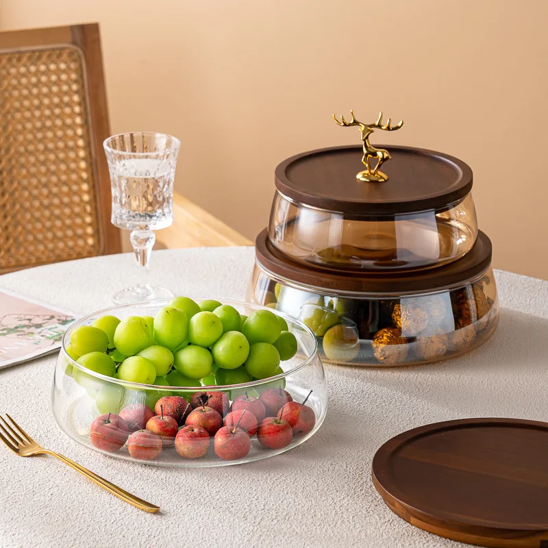 

Creative Glass Food Storage Containers with Wooden Lid Kitchen Snack Fruit Candy Nut Sundries Storage Organizer for Kitchen