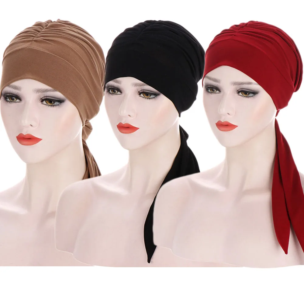 Muslim Hijab Turban Pre-Tied Underscarf Women Chemo Cap Long Tail Head Scarf Bonnet Beanie Islamic Headwear Wrap Solid Color Cap