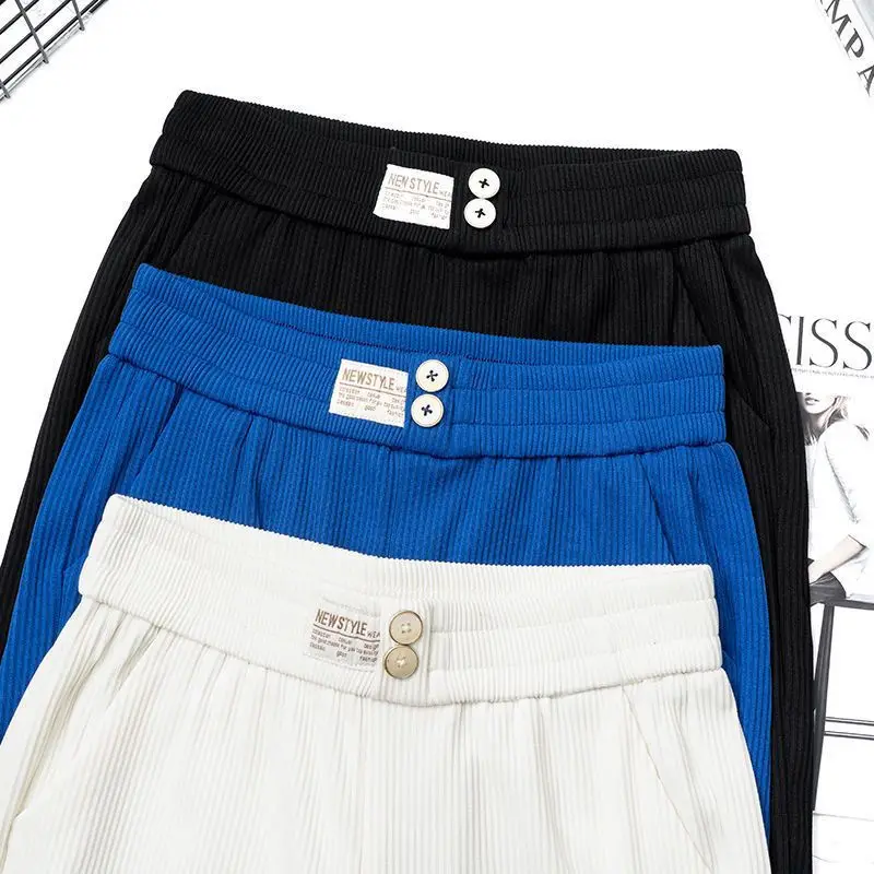 Korean Fashion Solid All-match Straight Pants Spring Summer Woman Clothing Button Elastic Waist Casual Loose Wide Leg Trousers