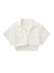Women Fashion Front Knot Elastic Linen Cropped Shirts Vintage Short Sleeve Patch Pockets Female Blouses Blusa Chic Tops