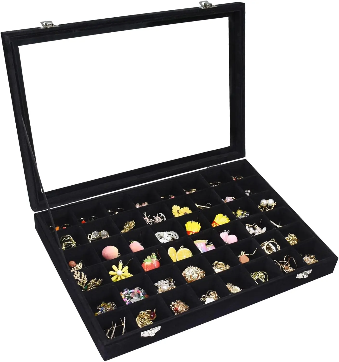 

Бархатный лоток для украшений с 48 отделениями и прозрачной крышкой для колец, серег, ожерелий — идеальный подарок для женщин