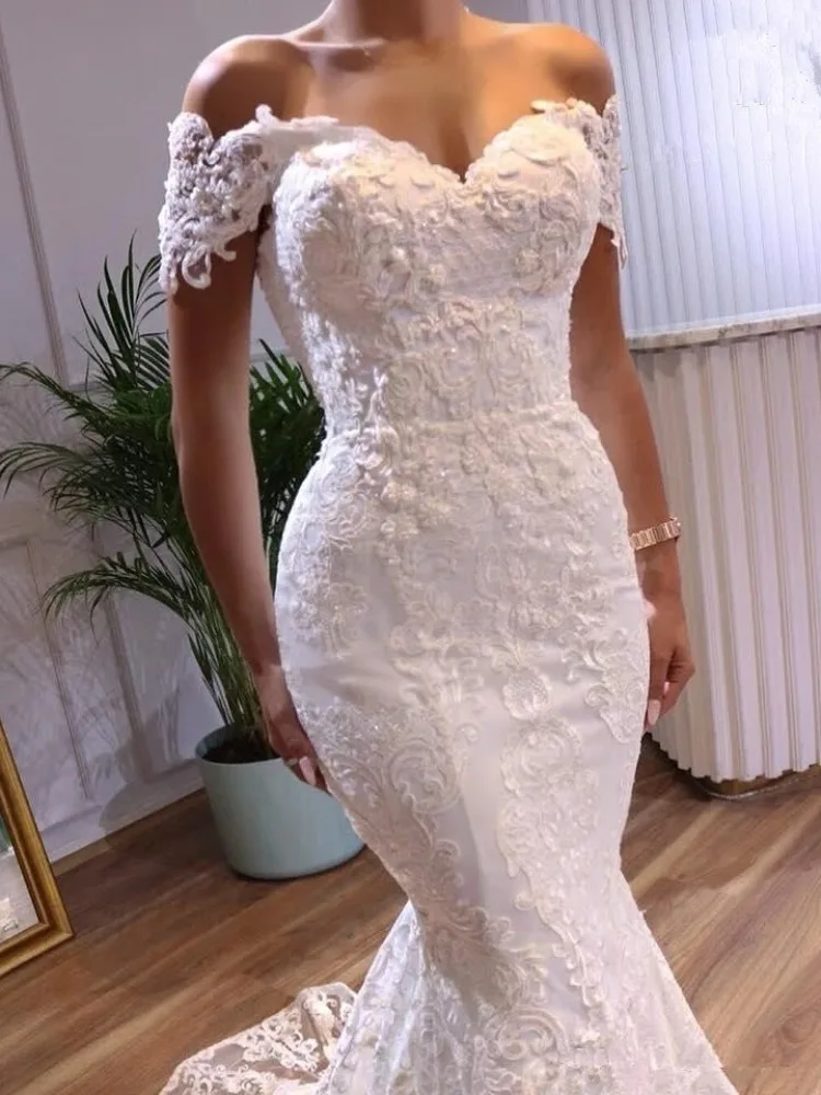 Elegant Mermaid Wedding Dress Sweetheart Off the Shoulder Appliques Lace Up Back Bridal Gown Boho Vestido De Novia