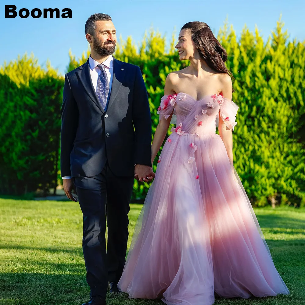 Booma A-Line Pink Wedding Dresses Off Shoulder Tulle Brides Party Dresses for Women Flowers Lace Up Long Formal Evening Dresses