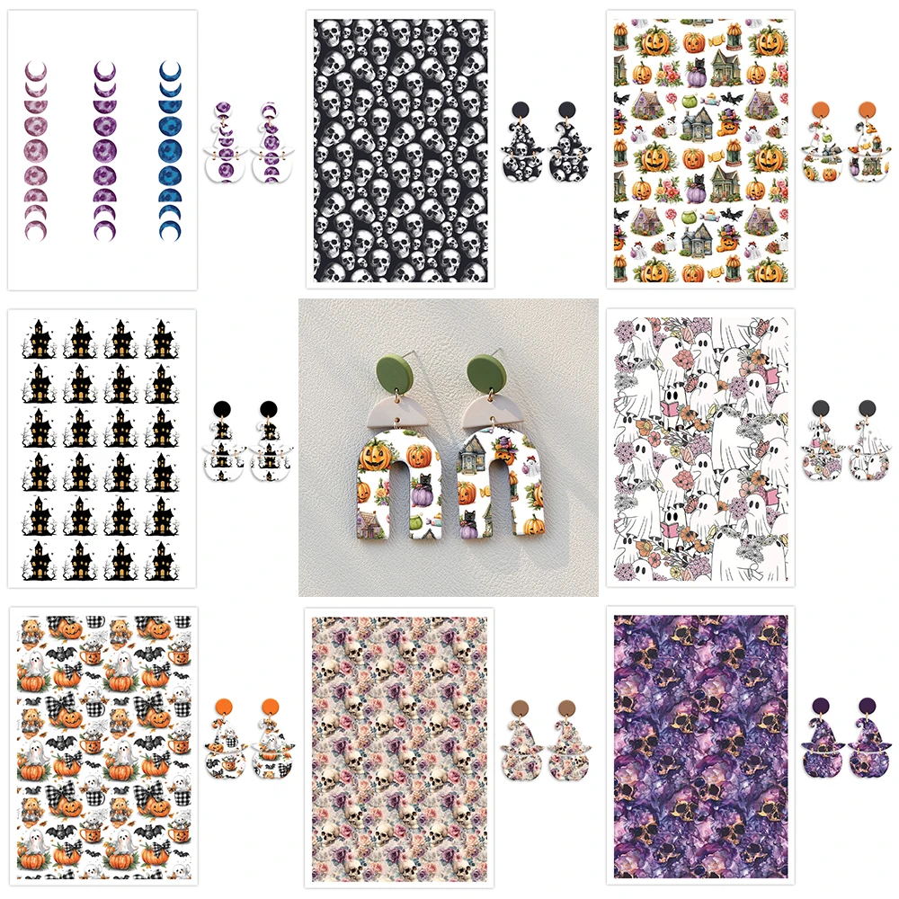 Halloween castelo abóbora esqueleto tumba horrível fantasma brincos de cerâmica macia transferência de água adesivo de papel para fazer jóias
