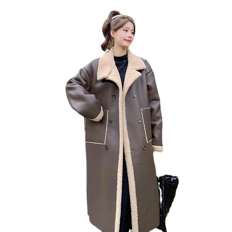 2023 Women Winter Coat Long Sleeve Lambswool Pu Leather Thick Long Coat Tops Warm Parkas Mujer Coat Casaco Feminino