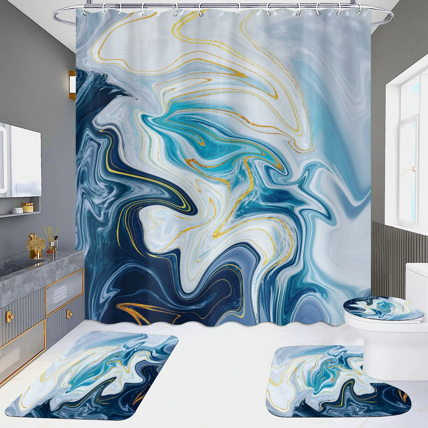 VIKAMA Grau Golden Crackle Marmor Duschvorhang Set Moderne kreative Marmor Textur Stoff Badezimmer Dekor Vorhang