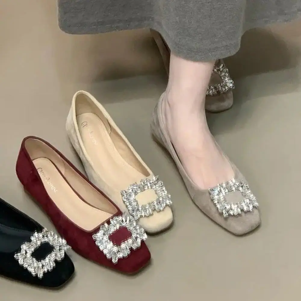 Туфли на одинарном каблуке с квадратным носком и стразами во французском стиле, осень 2023, женские туфли на низком каблуке