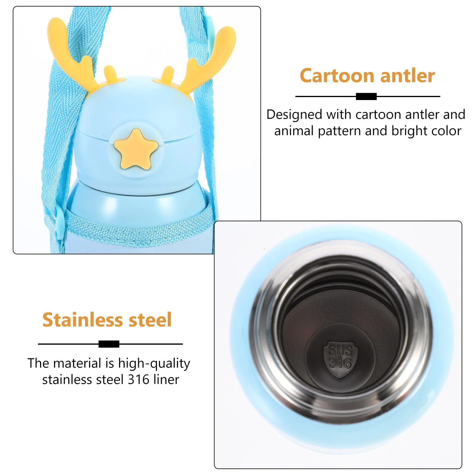 

1Pcs Stainless Steel Antler Water Kettle Cartoon Pattern Vacuum Insulated Leakproof Straw Lid School Use