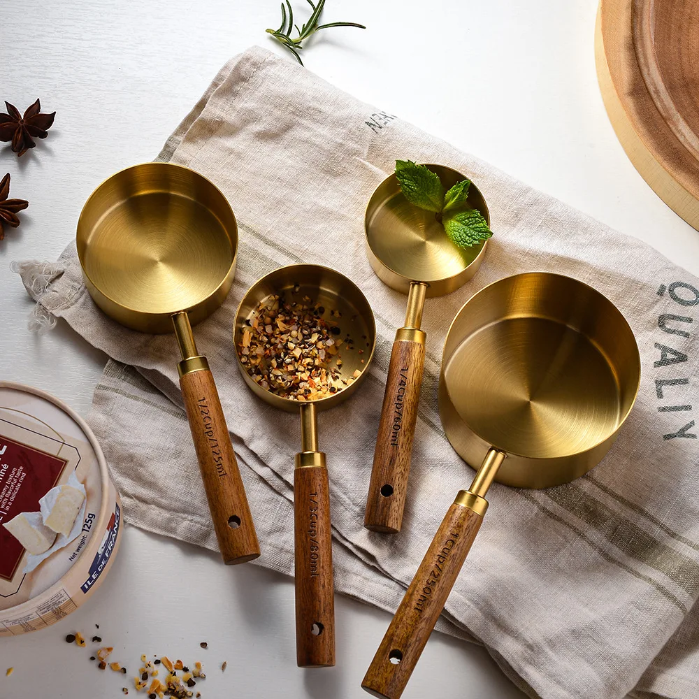 8Pcs Stainless Steel Measuring Cup Gold-plated Measuring Spoon Acacia Wood Handle Measuring Spoon Measuring Tool Set of Eight