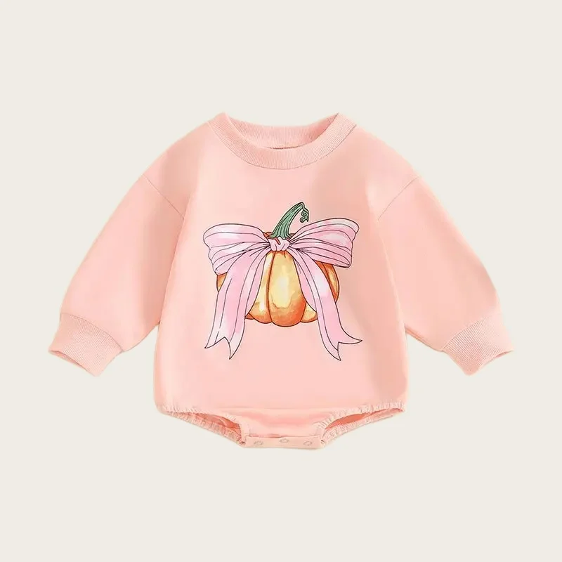 

2024 Halloween kids girl Bodysuit Cartoon bow Pumpkin print bodysuit Long sleeve jumpsuits Cute pink Baby costume