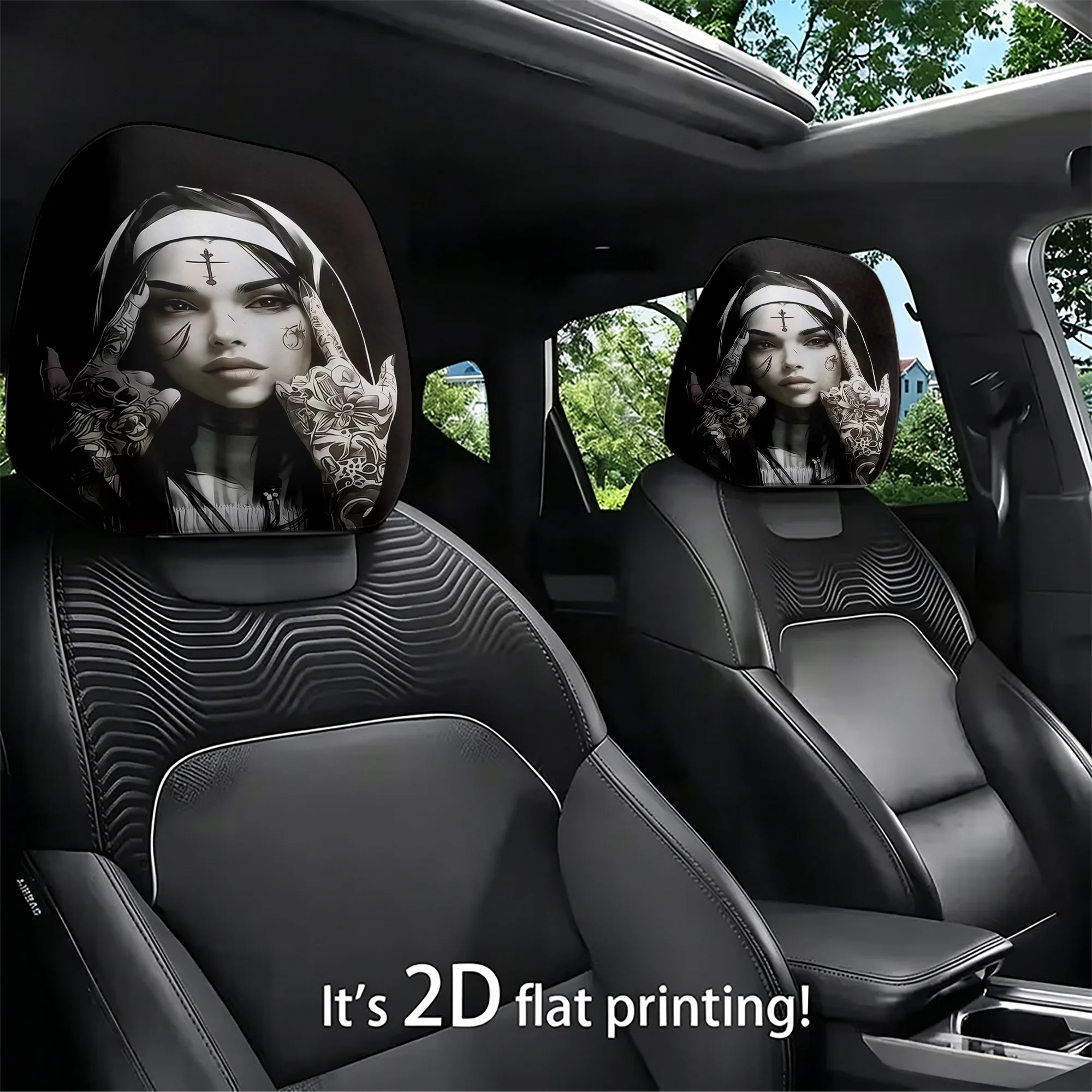 2pcs Gothic Nun-Patterned Car Headrest Covers, adding a unique and avant-garde style to your car’s interior. Filling not include