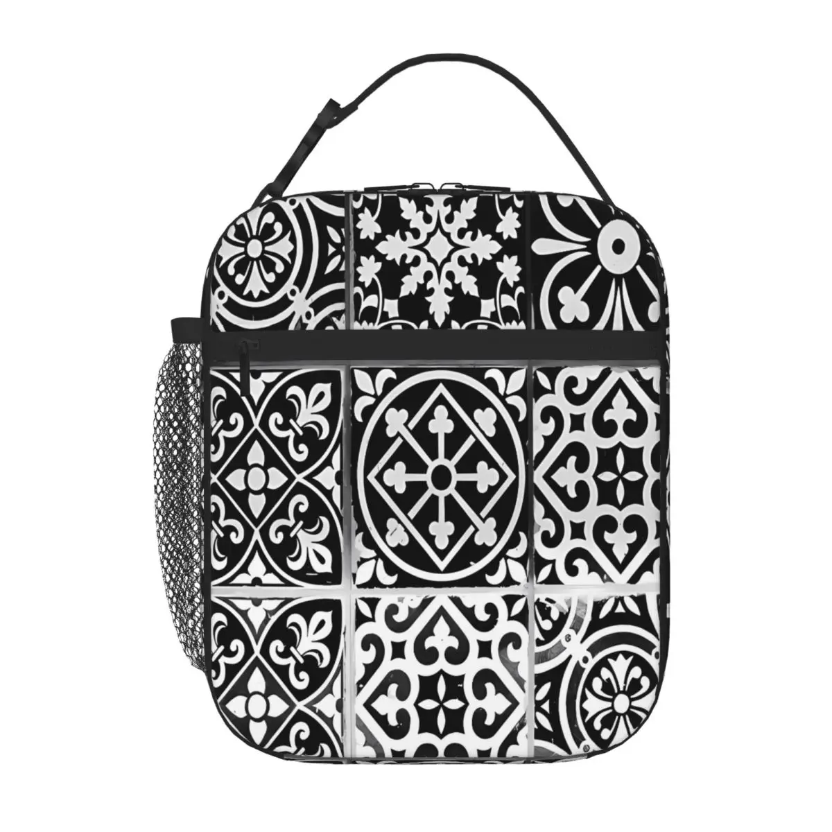 Bestselling Portugese Tiles Black And White Earthy Tone Insulated Food Bag Desk Dining Adjustable Strap Lunch Bag