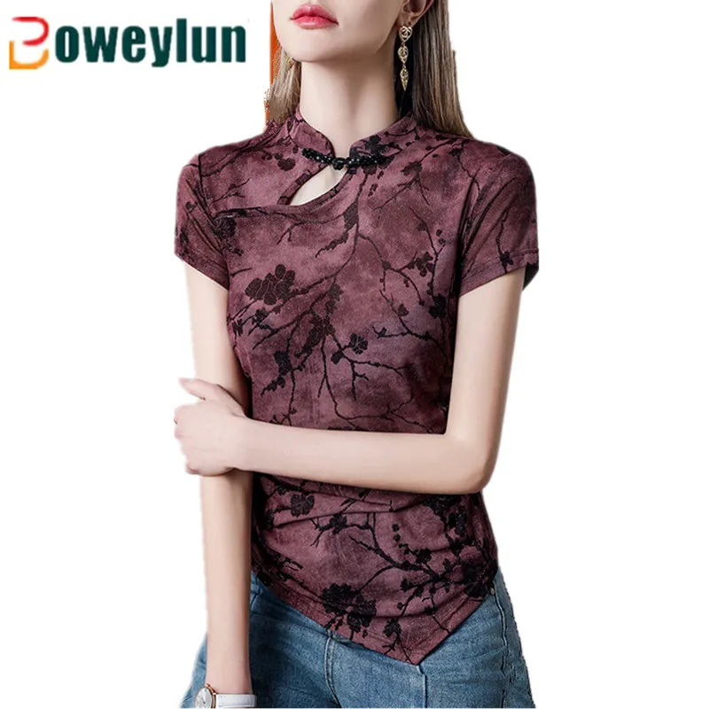 

Boweylun New Cheongsam Collar Plum Blossom Printed Bright Silk Mesh Top Women Short Sleeve T-Shirt Female Summer