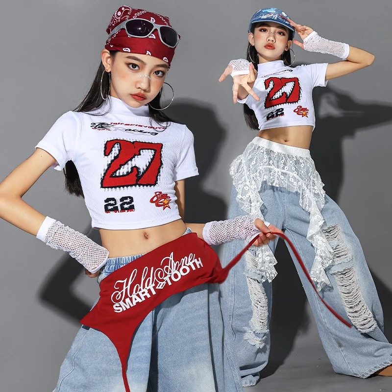 Kinder Jazz Dance Kleidung Mädchen Kpop Outfit Weiß Crop Top Denim Baggy Hosen Mode Hip Hop Kostüm Street Dance Tragen 2485