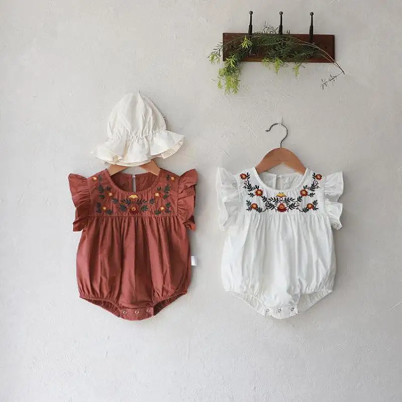 2026 Summer New Baby Girl Flying Sleeve Bodysuit Cotton Infant Cute Sweet Floral Embroidery Jumpsuit Newborn Clothes 0-24M