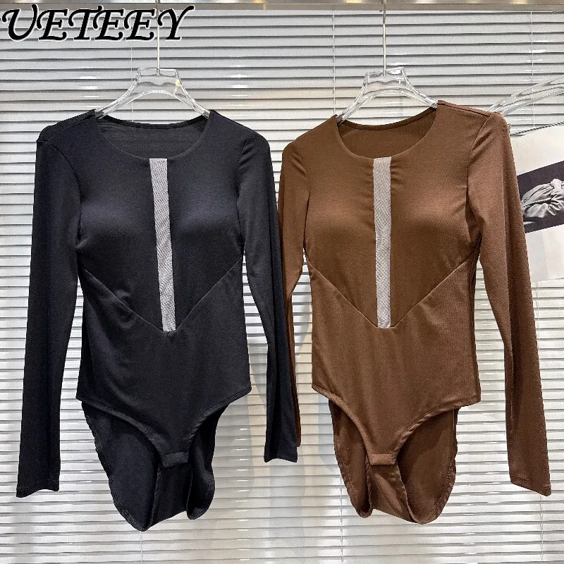 

Autumn Winter New American Style Sexy Color Block Padded Base Shirt Fashion Round Neck Long Sleeve Slim Fit Bodysuit T-Shirt