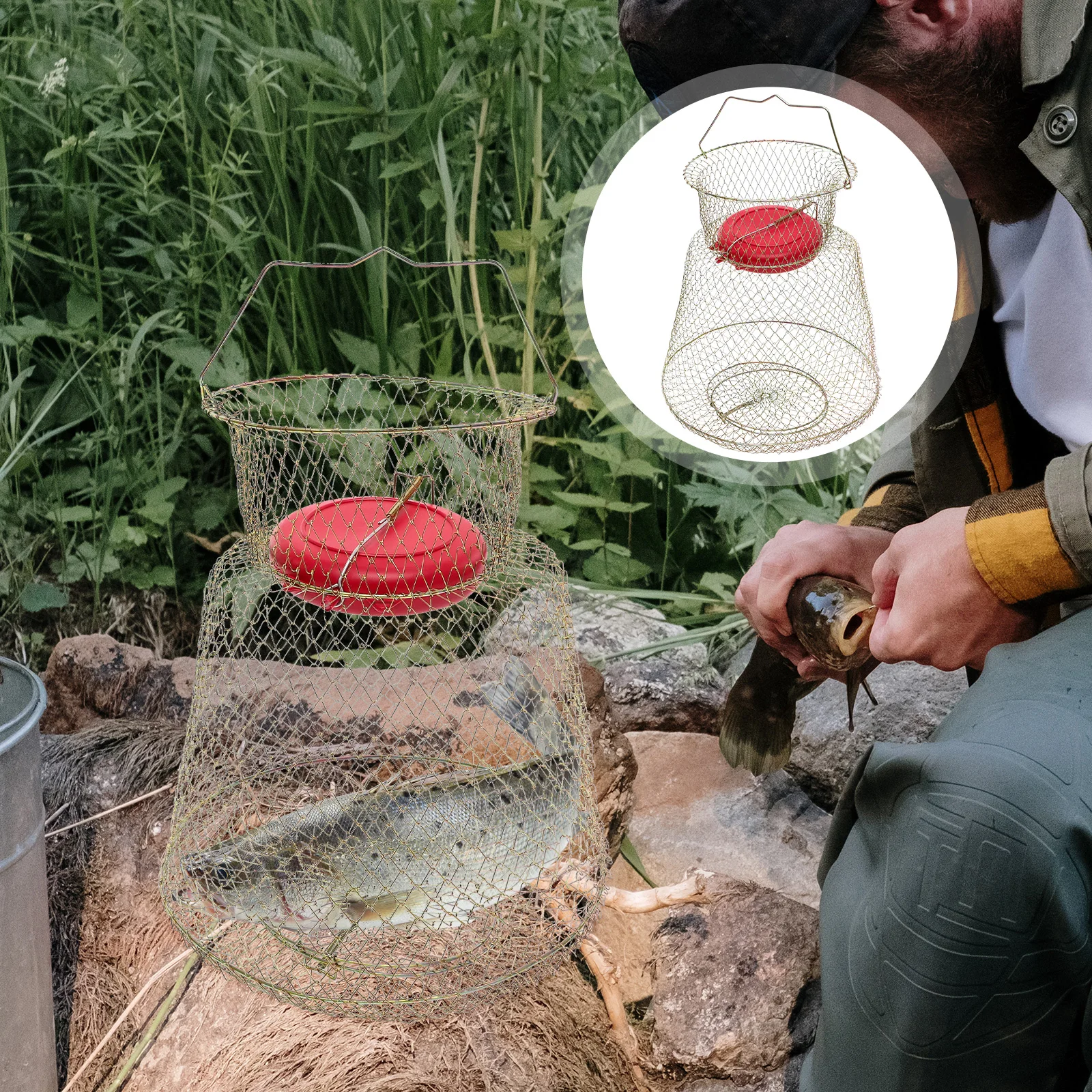 

Fish Net Anti Hanging Basket Accessories Carp Cage Foldable Floating Nets Durable Iron Material Compact Size Lightweight Storage