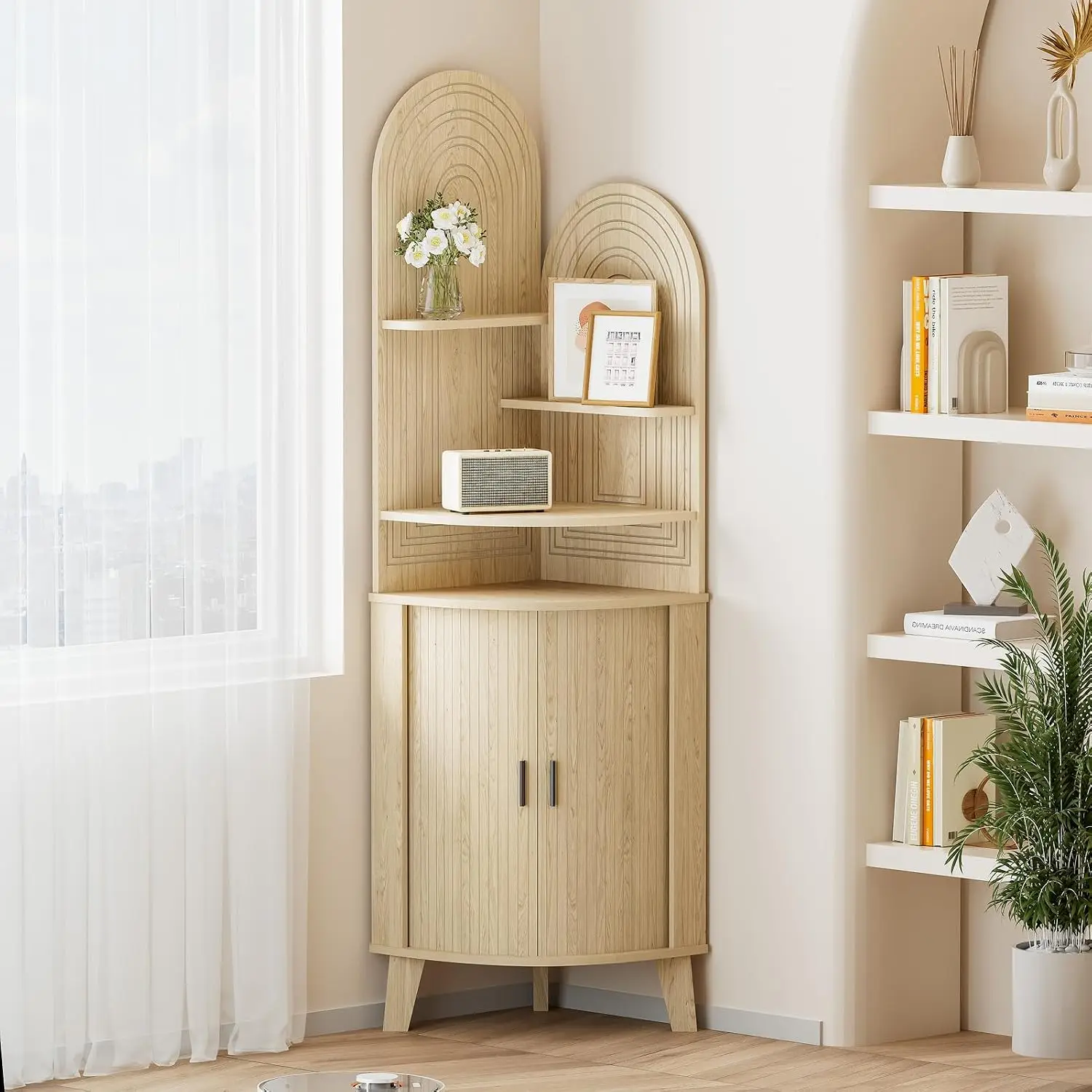 Corner Cabinet Sliding Door Storage Tall Bathroom Kitchen Living Room Display Shelf Oak Wood, Customized
