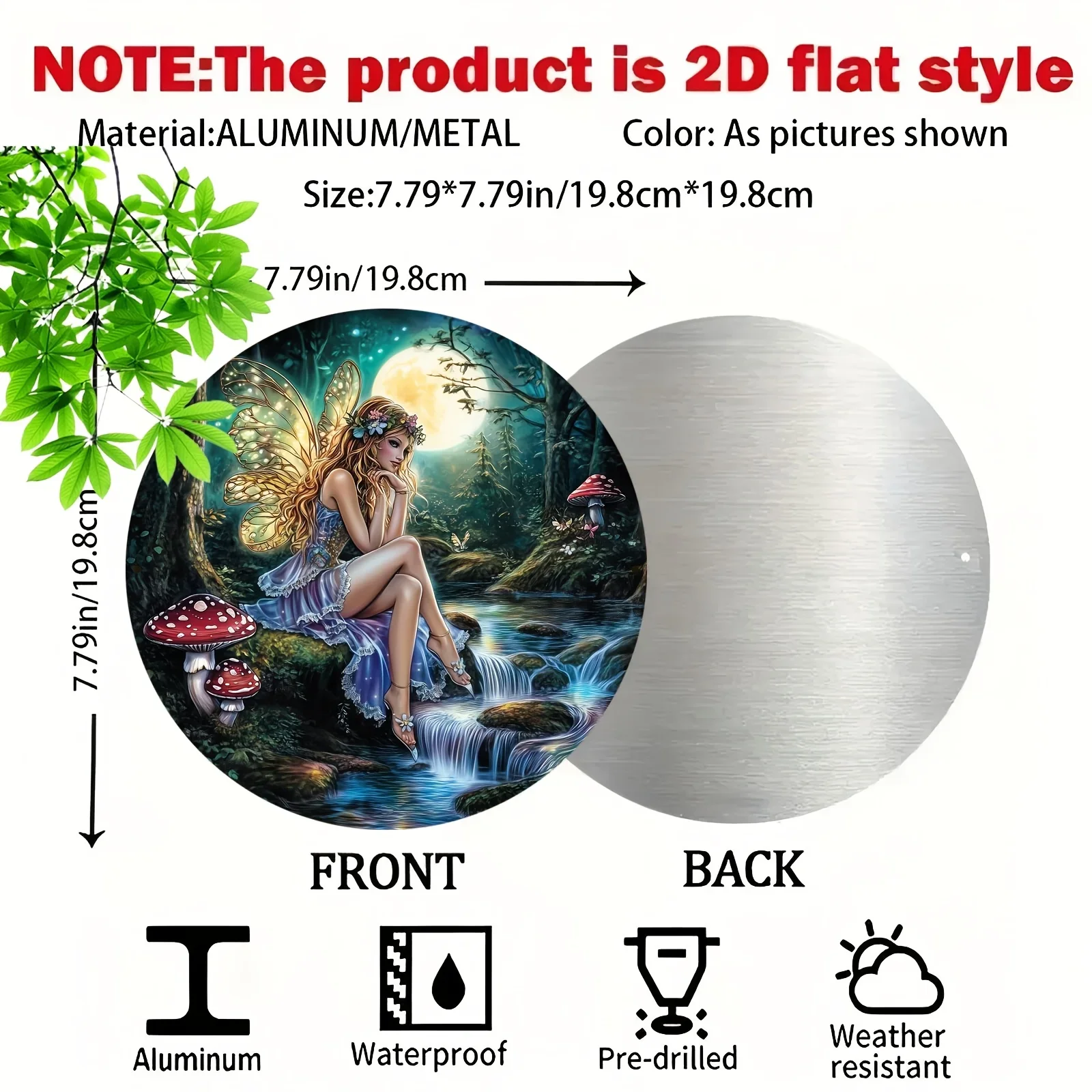 1PC 2D Flat 7.87 Inch Round Forest Fairy Mushroom Metal Plate Moon Elf Stream Art Home Wall Decor