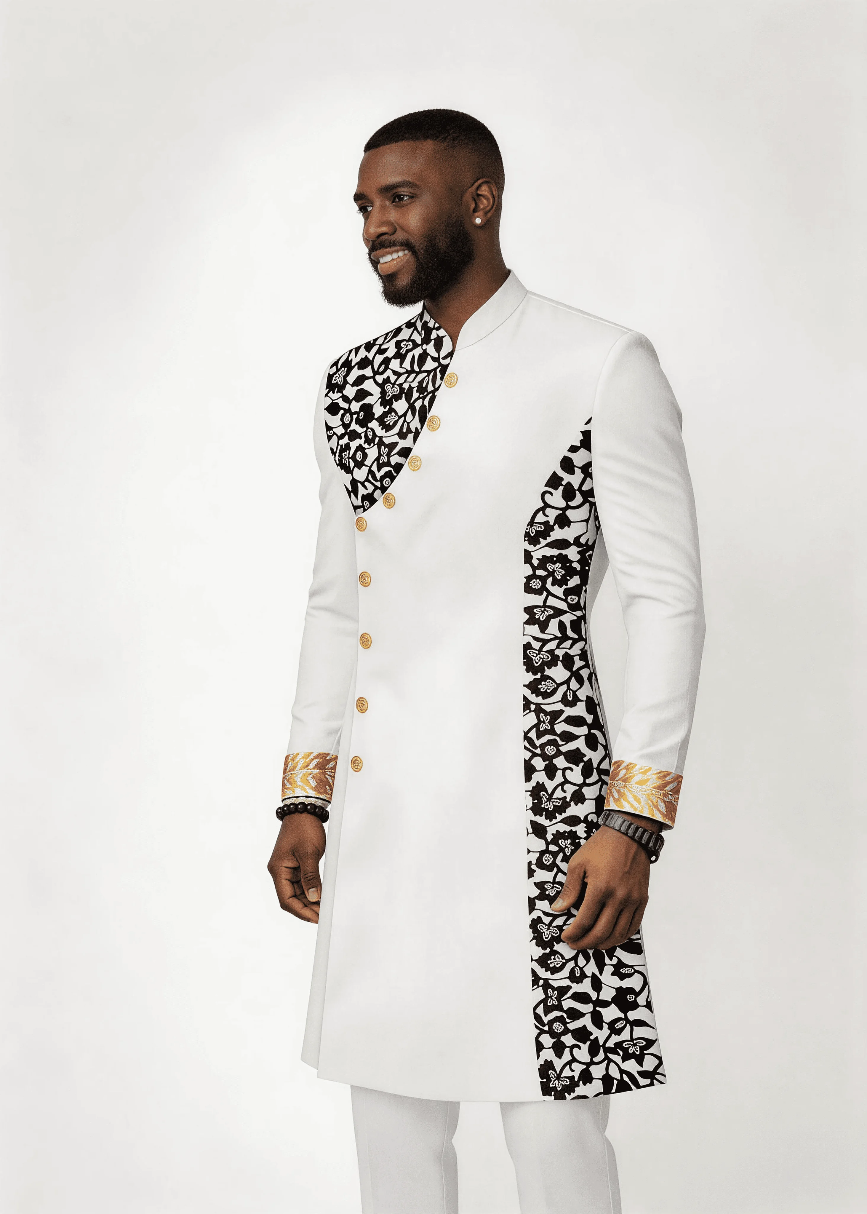 

Men’s White Gold Embroidered Ethnic Formal Suit Stand Collar 2 Piece Wedding Groom Tunic Jacket & Pants Prom Party Outfit