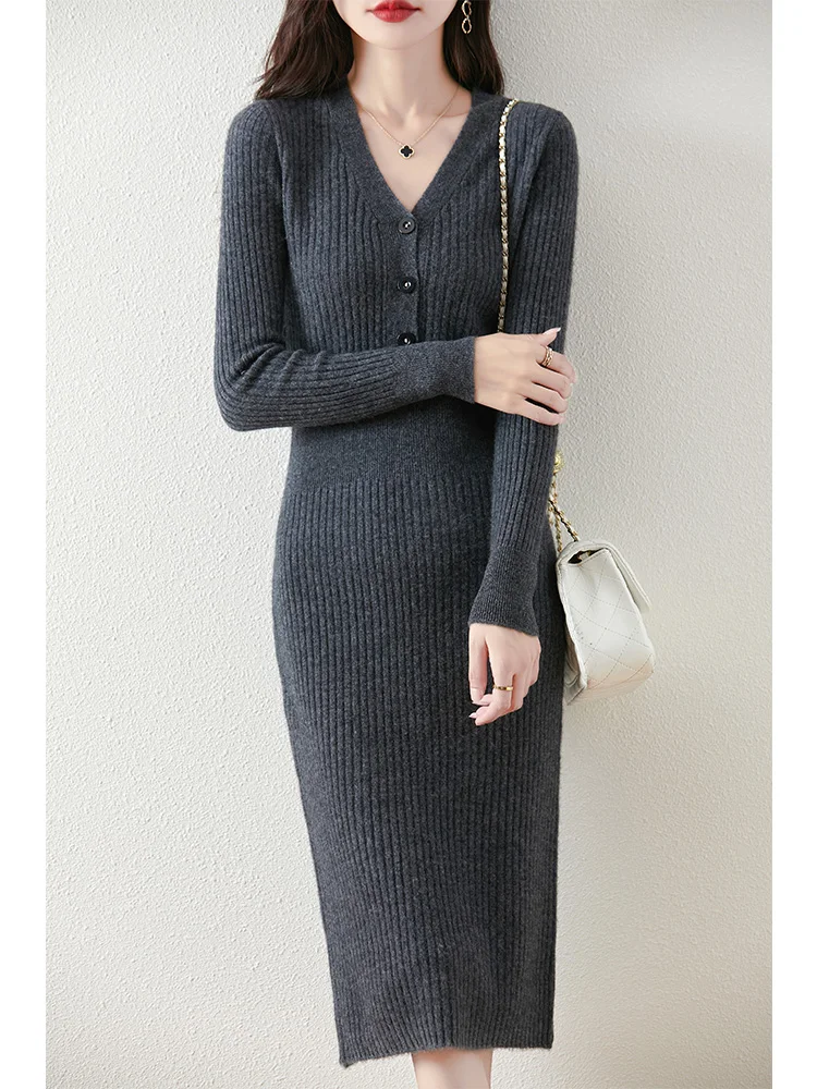 Fashion Women 100% Merino Wool Sweater Dress Mid-Length V-neck Buttons Pullover Skirts Autumn Winter Office Lady Slim Knit Dress