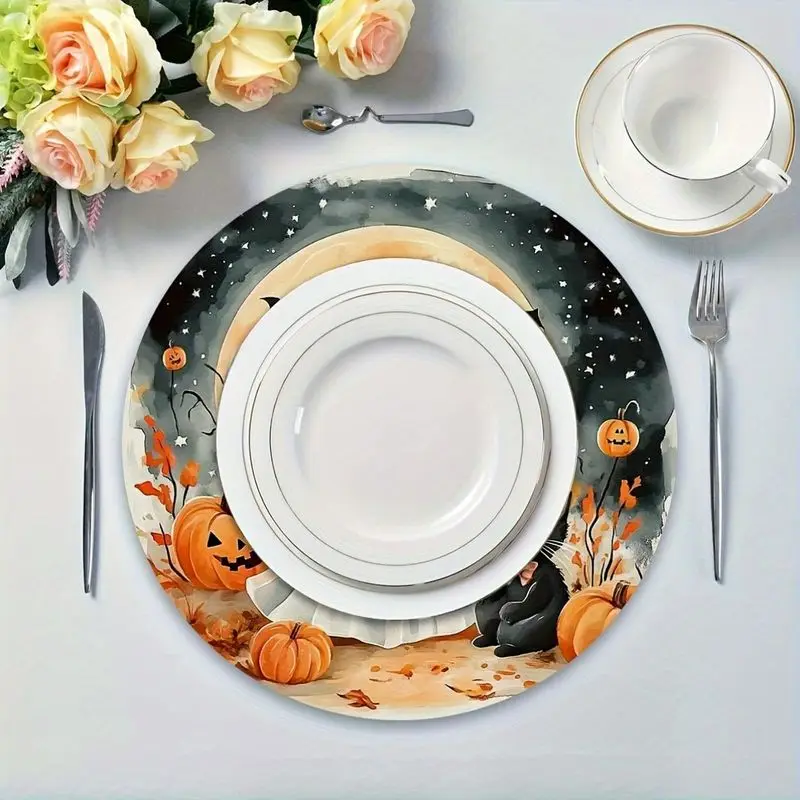 VIKAMA Watercolor Style Cute Ghost Black Cat Pumpkin Meal Mat Thermal Insulation Fabric Table Mat Warm Halloween Table Decor