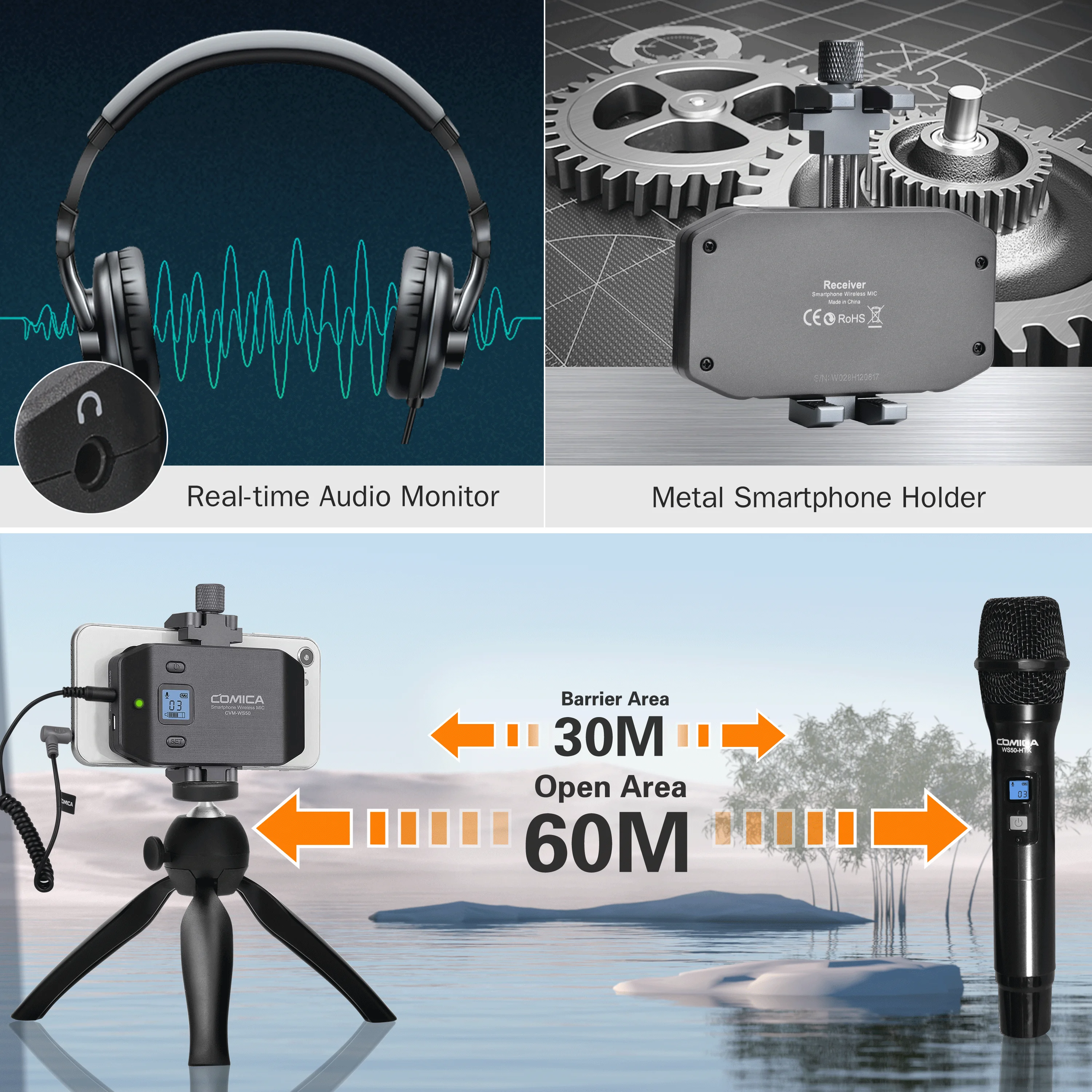 COMICA CVM-WS50H Handheld Microphone UHF Wireless Microphone 6 Channels Condenser Mic for iPhone Android Camera Gopro