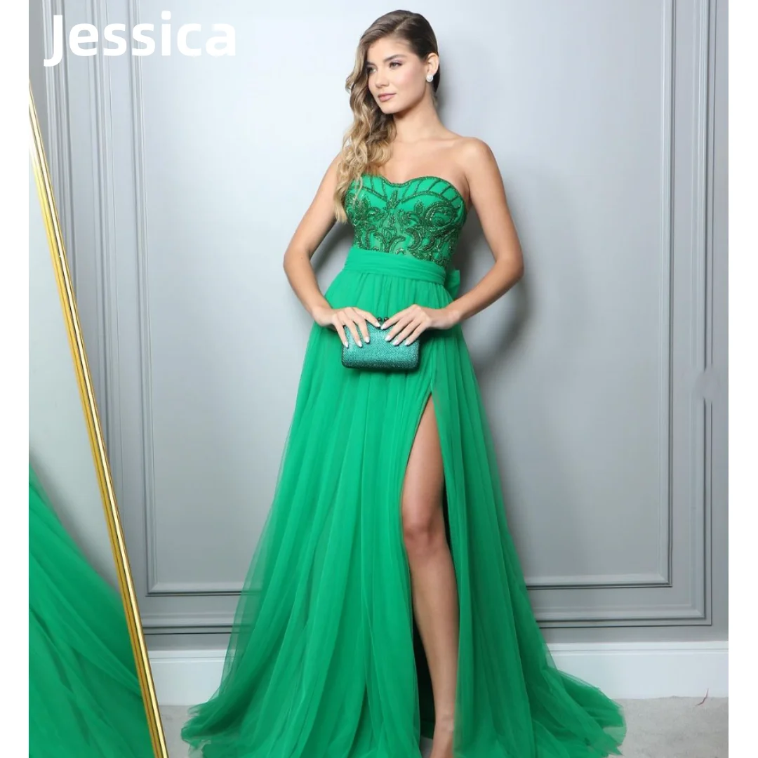 

Jessica Elegant Lady Prom Dresses Green Embroidery Luxury Evening Dress 2024 Strapless Side Slit Formal Occasions Party Dress