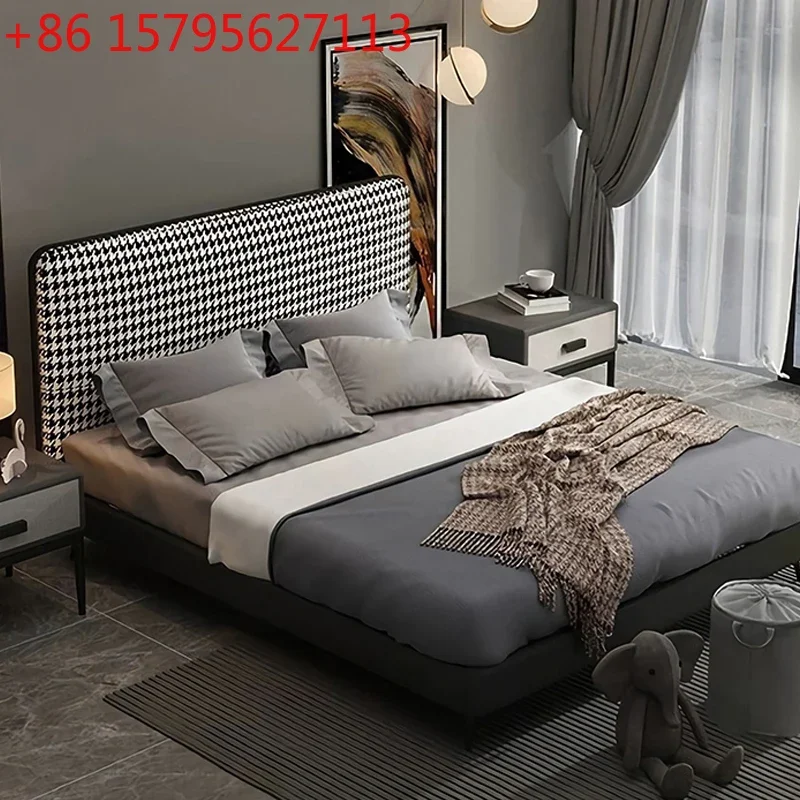 Nordic thousand bird grid cloth art bed light luxury ins Internet celebrity master bedroom 1.8 meters American double post