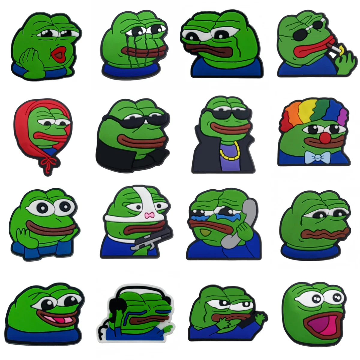 16Pcs/set Cartoon Green Sad Frog Series Shoe Charms DIY Hole Shoes Detachable Buckle Garden Shoes Accessories Girls Women Gift