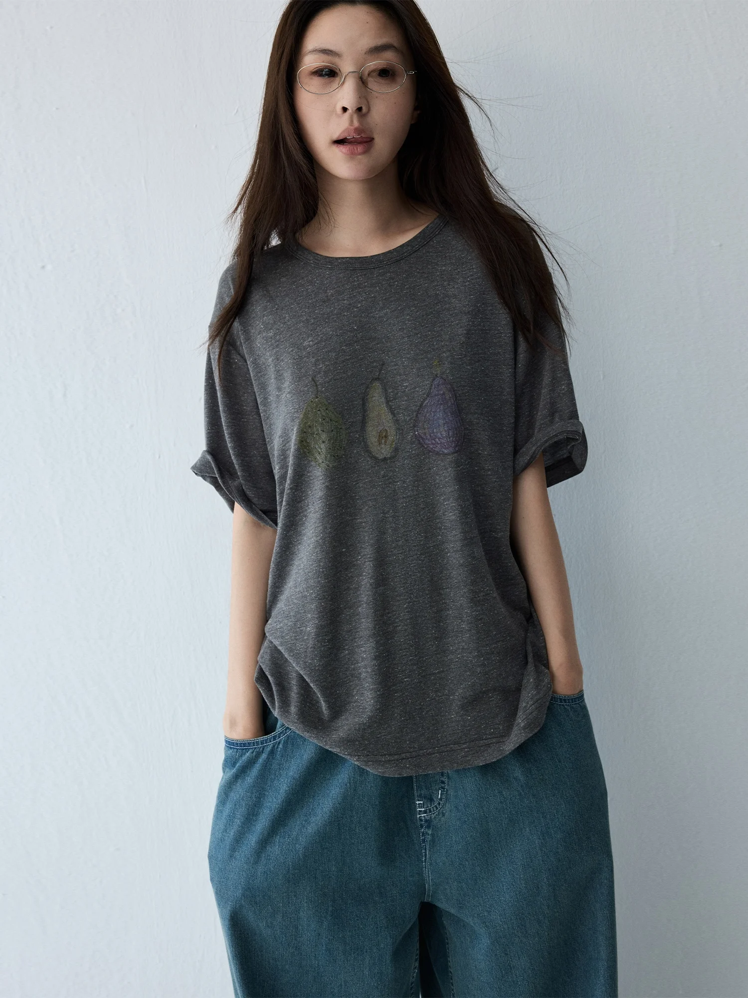 HaveRice Restaurant Waxberry Pear T Loose Vintage Mixed Print Short Sleeve Women's T-shirt Casual Style round Neck Top