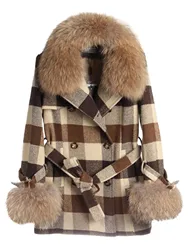 MAOMAOKONG 2022 Autumn Natural Real Raccoon Fur Collar Removable Cuffs Women Plaid Jacket Female Woolen Coat Winter Outerwear
