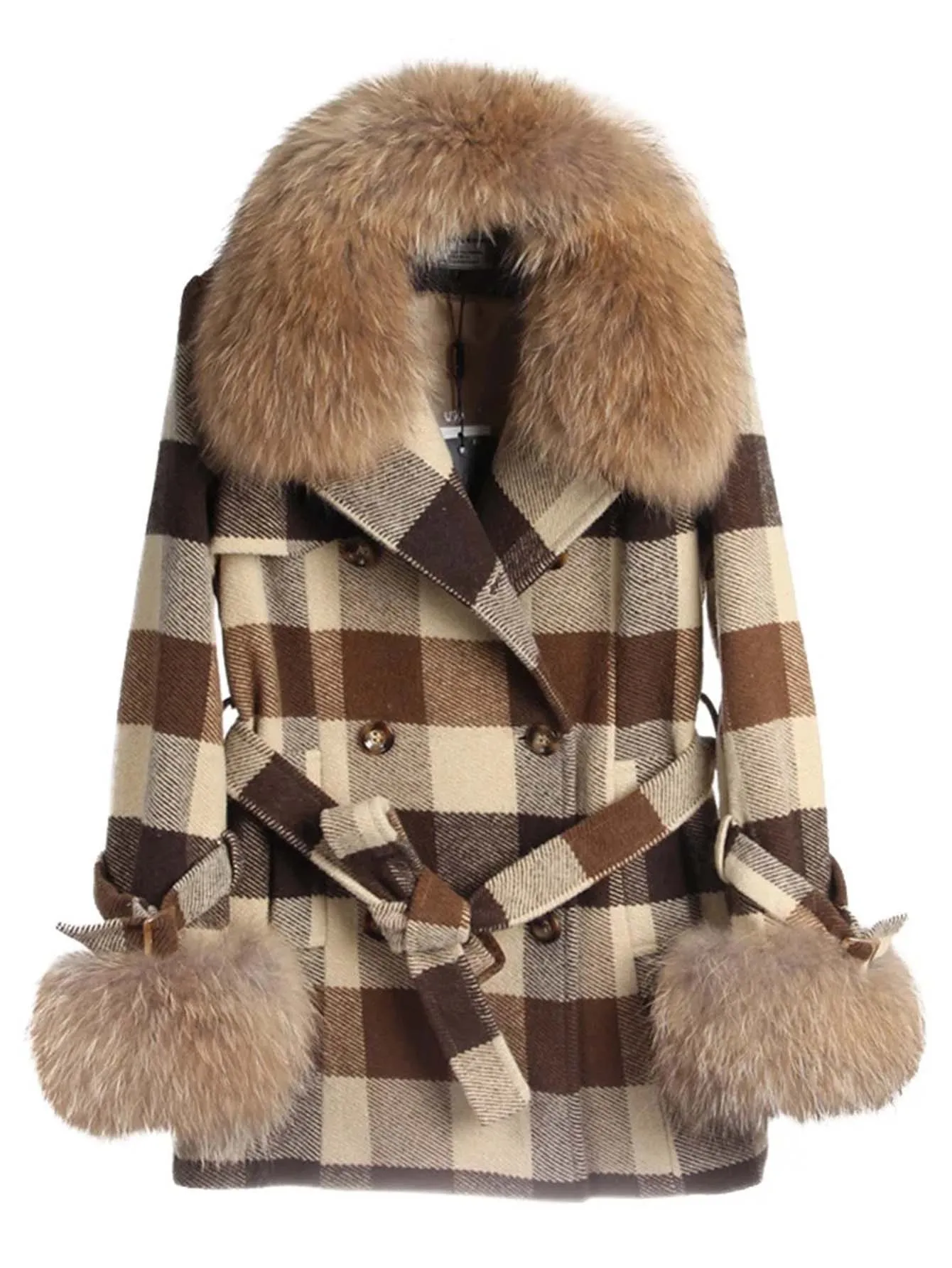 MAOMAOKONG 2022 Autumn Natural Real Raccoon Fur Collar Removable Cuffs Women Plaid Jacket Female Woolen Coat Winter Outerwear