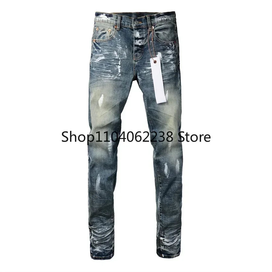 Top quality Purples Men jeans high street blue ripped distressed fashion brands repair low rise skinny denim trousers pants