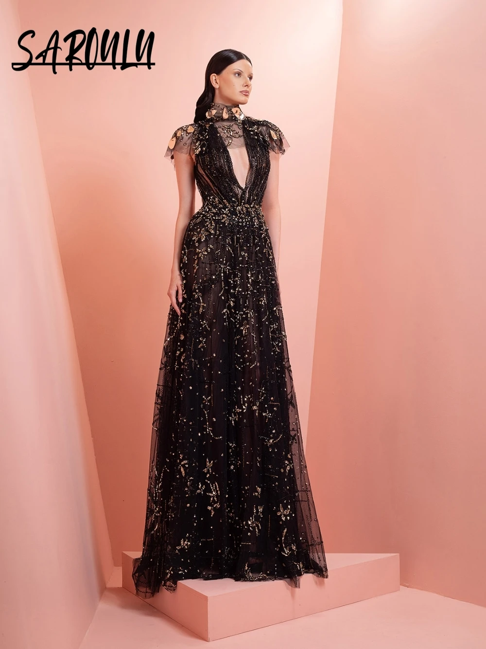 

Black Tulle Beading luxe Evening Dress Charming A Line Banquet Fitted Waist Prom Gown Customized Formal Events Women Wear