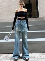 2024 Trashy Y2K Fashion Washed Blue Baggy Ripped Flare Jeans Pants Designer Clothes Women Luxury Straight Lady Gothic Trousers
