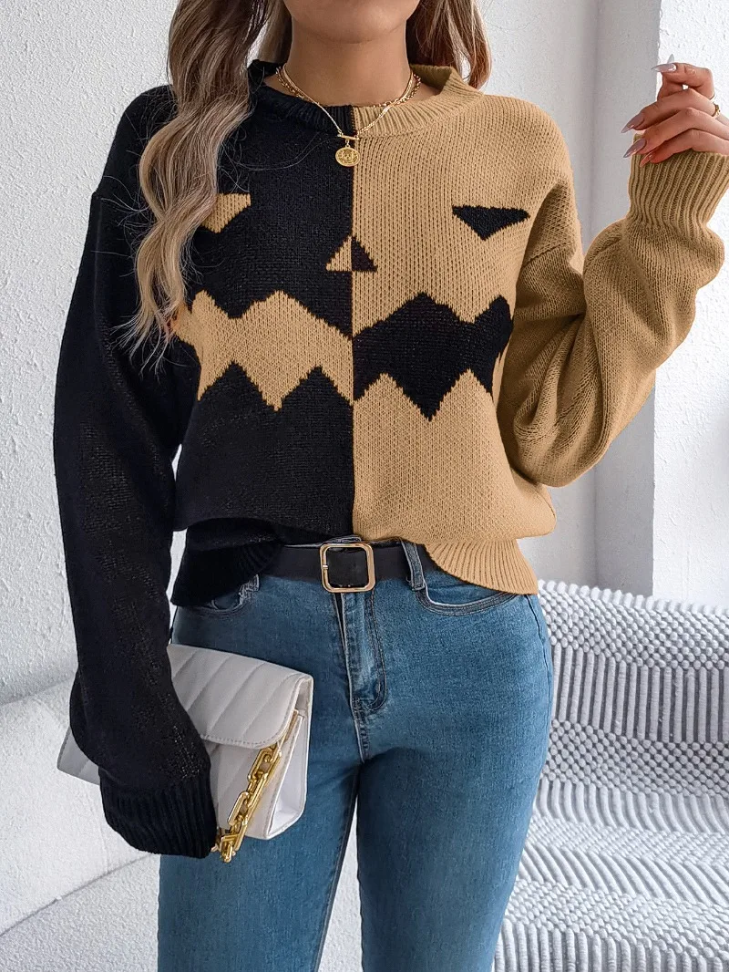 Casual Loose winter knit pullover Winter Women\'s Tops New Halloween ghost pumpkin patchwork contrasting long sleeve sweater