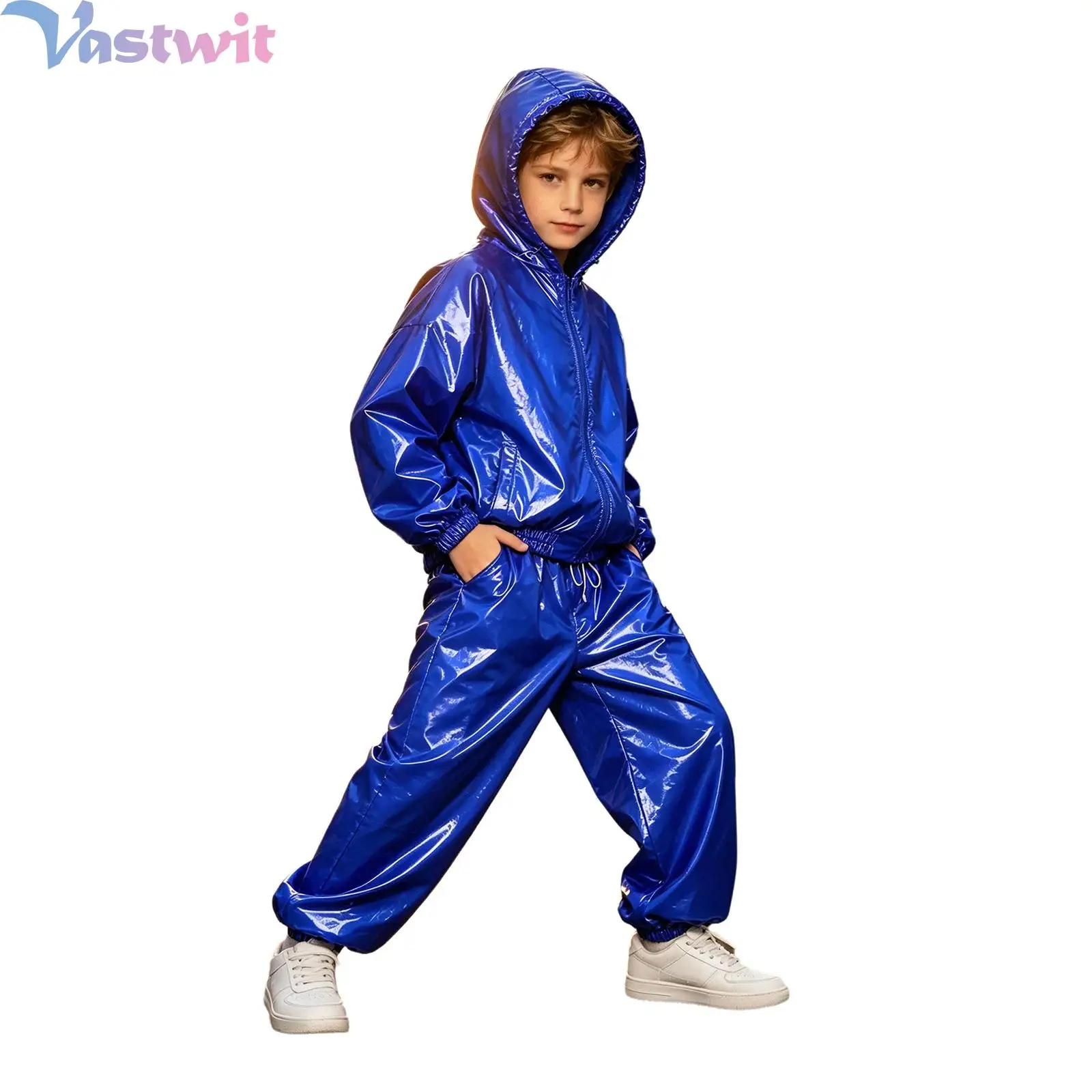 Boys Shiny Metallic Hooded Tracksuit 2‑Pcs Set Zip‑up Hood Jacket Tops with Jogger Pants Kids Hip Hop Street Disco Dance Costume