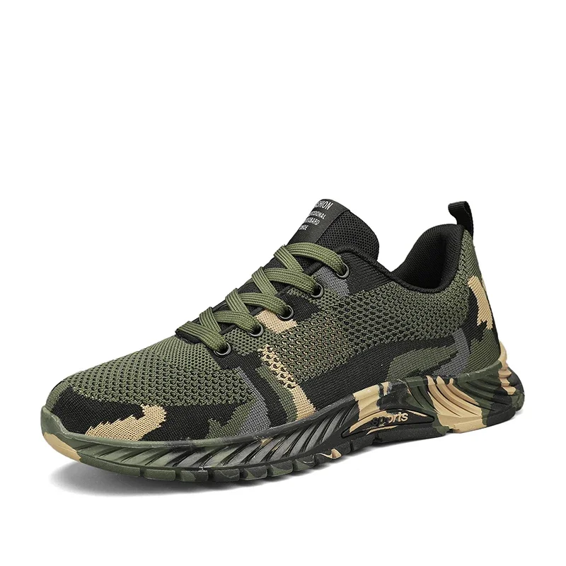 Tênis de camuflagem verde do exército masculino, sapatos casuais, sapatos de viagem respiráveis, malha com renda, ao ar livre, tamanho 39-44