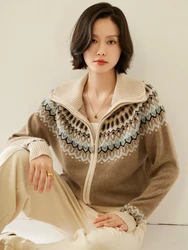 Women Fair Isle Sweater Cashmere Cardigans Zippers Thick Loose Clothes Autumn Winter 100% Cashmere Knitwear Warm Polo Collar Top