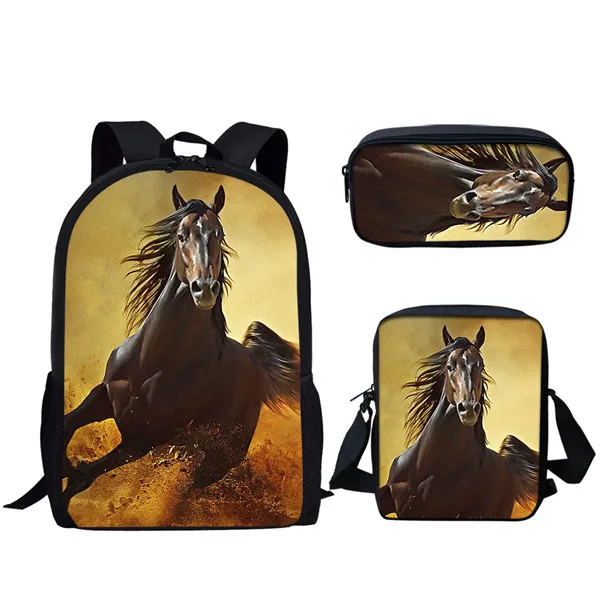 Classic Horse Backpacks bags 3D Print 3pcs/Set pupil School Bags Laptop Daypack Backpack Inclined shoulder bag Pencil Case
