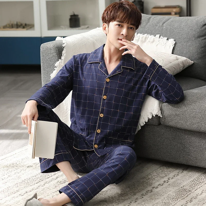 New Arrival Man Pajama Cotton Lapel Long Sleeved Pants Plus Size Pijamas Sleepwear Cardigant Leisure Homewear Nightwear for Male