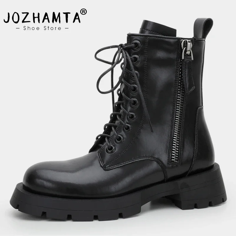 JOZHAMTA Size 34-40 Women Ankle Boots Ins Fashion Genuine Leather Thick Heels Women Winter 2023 Platform Boots Lace-Up Zip Shoes