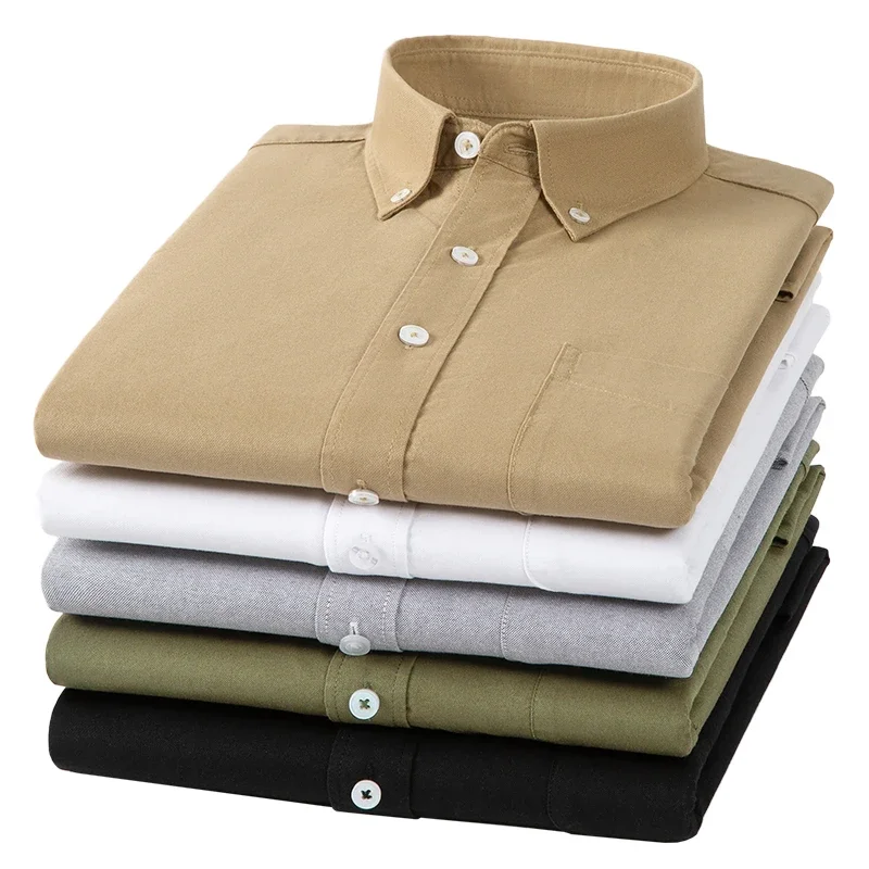 Nowość w koszuli 100% bawełniane koszule z długim rękawem dla mężczyzn moda Casual zwykła koszula jednokolorowa Oxford z jedną kieszenią top białe ubrania — zdjęcie 2