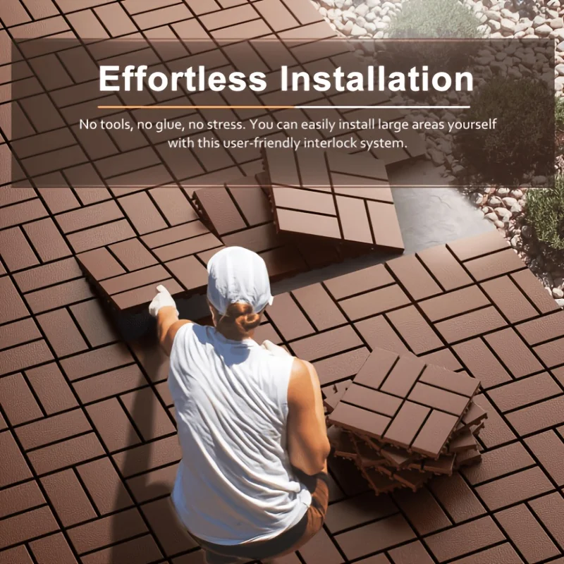

44pcs Waterproof Interlocking Deck Tiles - Durable Plastic Patio Tiles for Poolside, Balcony, Garage - Easy Snap-In Installation, Brown/Gray, 12 Inches X 12 Inches Textured Surface for Enhanced Grip, Modern Outdoor Decor..