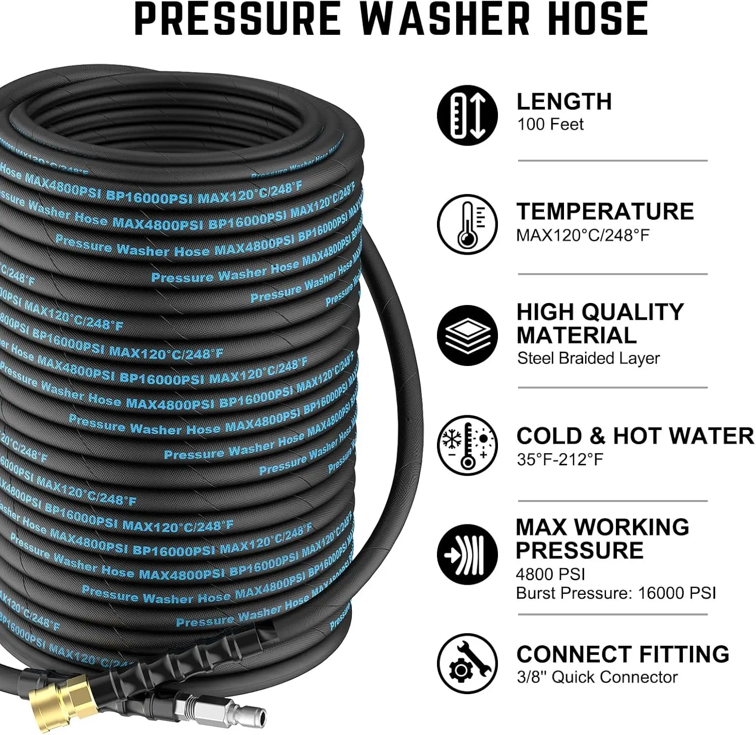 100 Ft Pressure Washer Hose, Power Washer Hose Attachment with 3/8'' Quick Connector, High Tensile Wire Braided Hose for Cold Ho