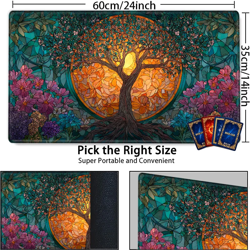 Painted glass tree and blazing sun game mat. Suitable for TCG/CCG/RPG tabletop games. PC use: bright floral game mat